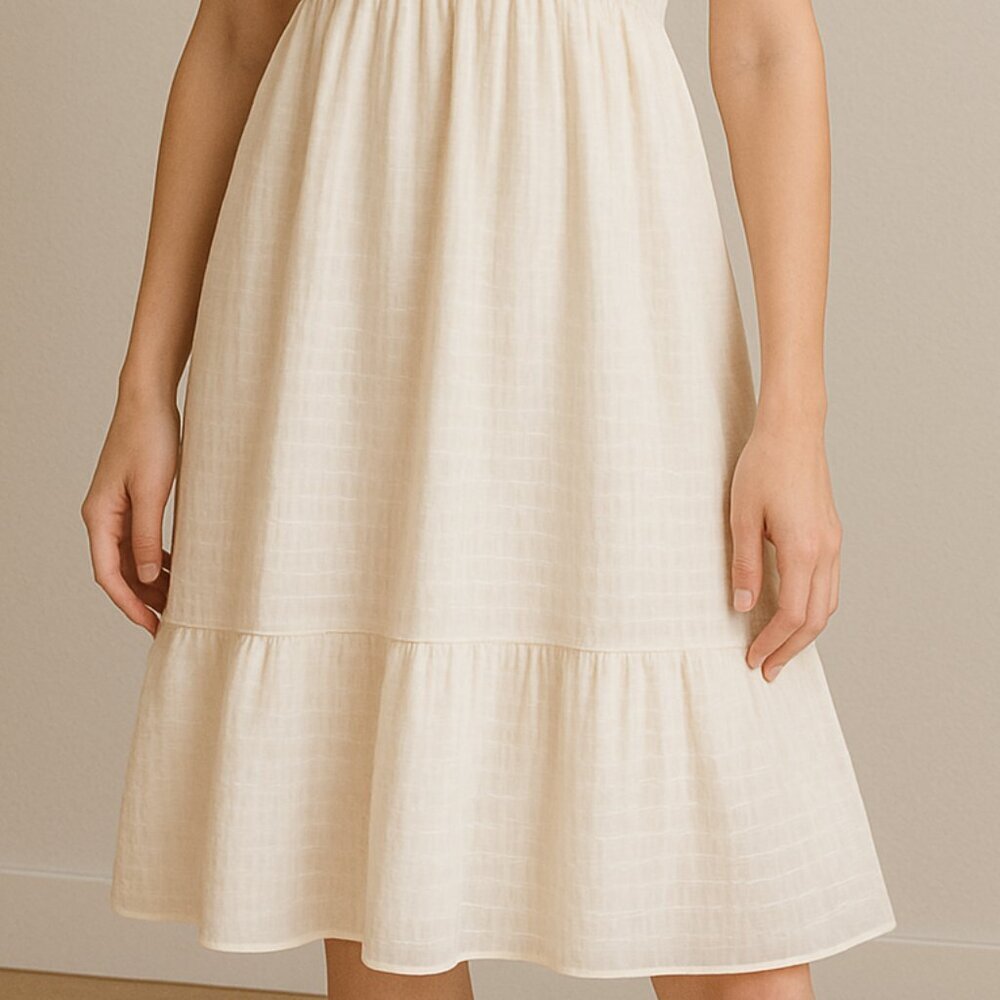 Smocked Off White Short Sleeve Midi Summer Dress‎ Size Medium - Picture 2 of 13